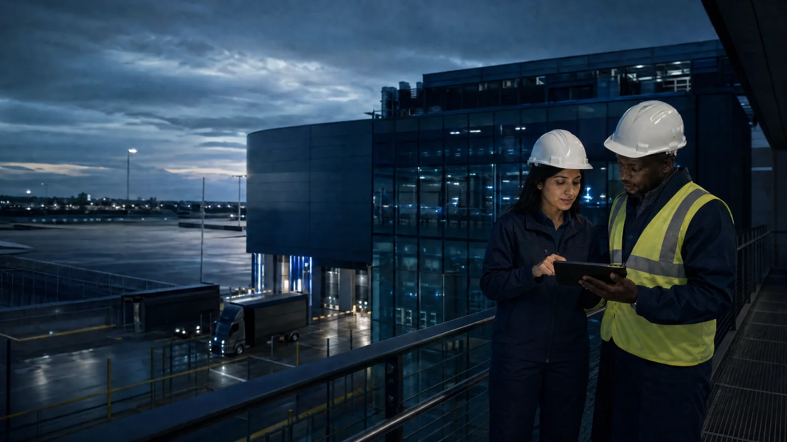 A diverse engineering team at a secure facility after dusk